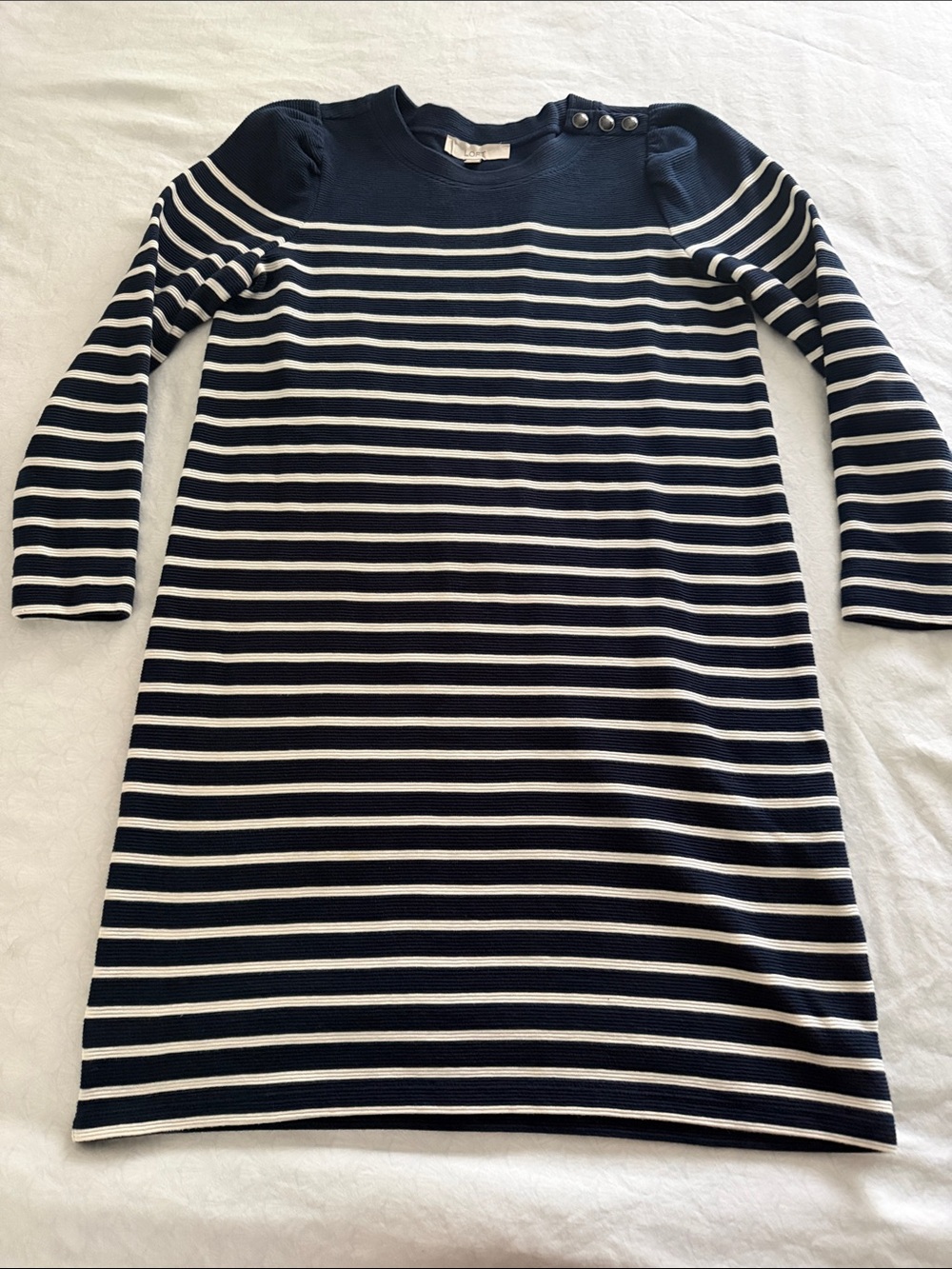 LOFT Navy and White Striped Long-Sleeve Knit Dress